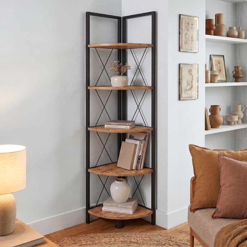 Βιβλιοθήκη γωνιακή Kelsie Megapap χρώμα μαύρο - pine oak 33x33x162εκ.