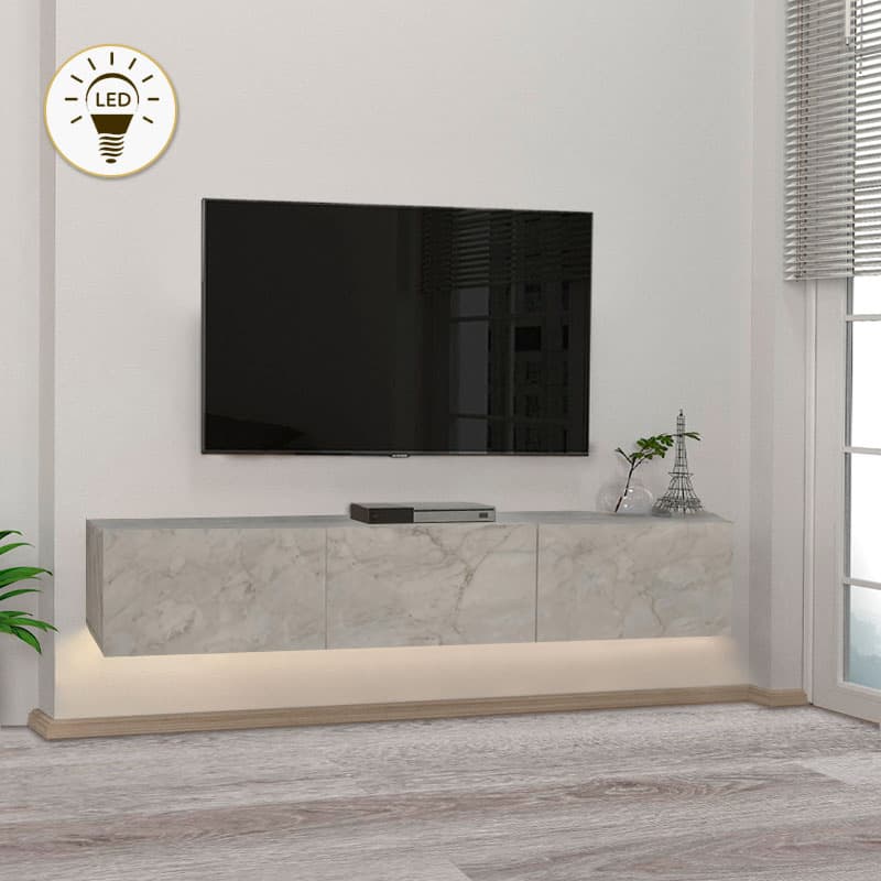 Έπιπλο τηλεόρασης επιτοίχιο Damla Megapap με LED χρώμα λευκό εφέ μαρμάρου 180x29,5x29,5εκ.