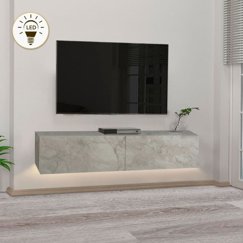 Έπιπλο τηλεόρασης επιτοίχιο Aristo Megapap με LED χρώμα λευκό εφέ μαρμάρου 135x31,6x25εκ.
