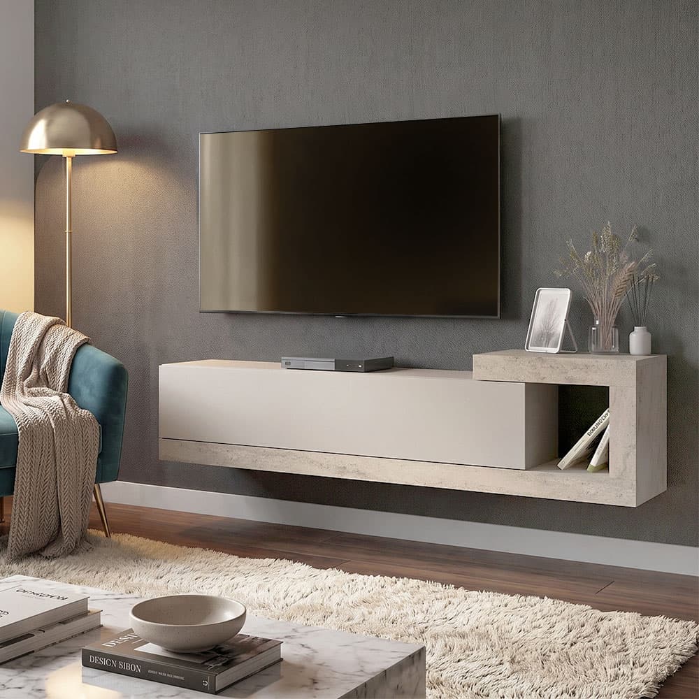 Έπιπλο τηλεόρασης επιτοίχιο Volare Megapap χρώμα sandstone - travertine 150x29,6x38,6εκ.