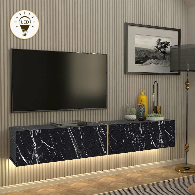 Έπιπλο τηλεόρασης επιτοίχιο Figure Megapap με LED χρώμα μαύρο εφέ μαρμάρου 181,8x31,7x30εκ.
