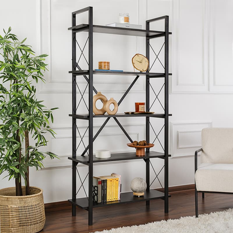 Βιβλιοθήκη Elysian Megapap χρώμα black wood 90x33,5x180εκ.